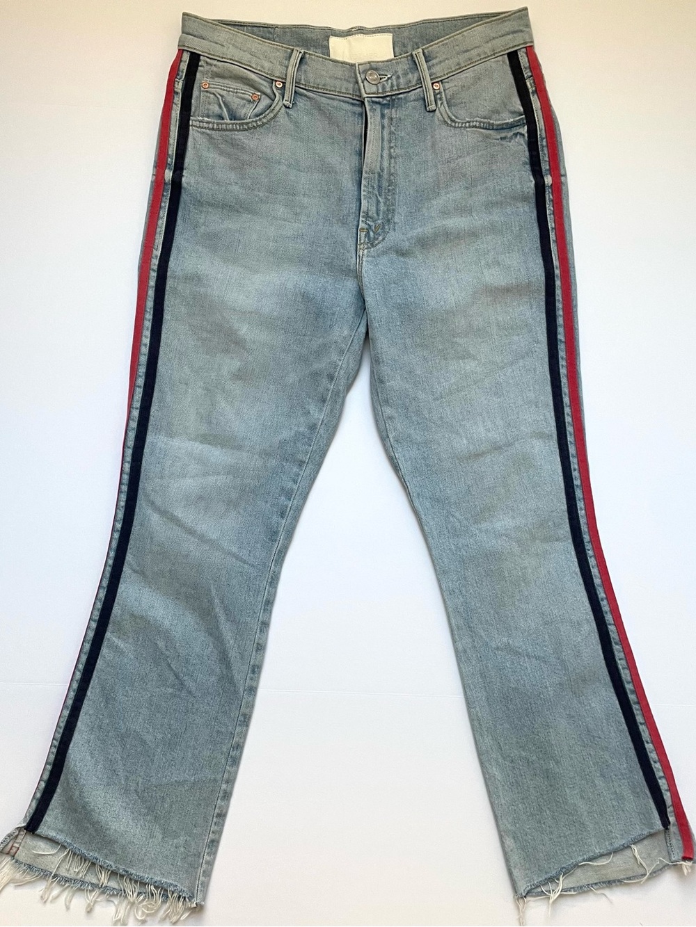 MOTHER Light Wash Bootcut Jeans with Red & Navy Side Stripes